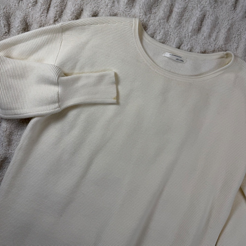 Anthropologie Cream Ribbed Knit Balloon Sleeve Tunic Sweater OB1826831 Large